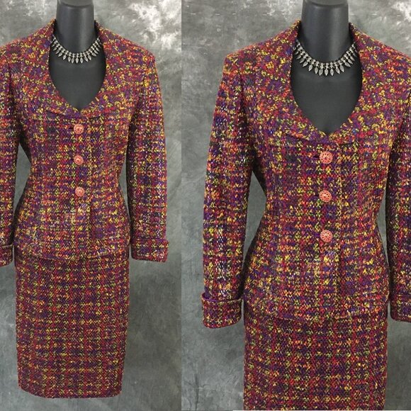 STUNNING St John knit purple Red green rhinestones embellished skirt suit size 4 - Picture 2 of 9